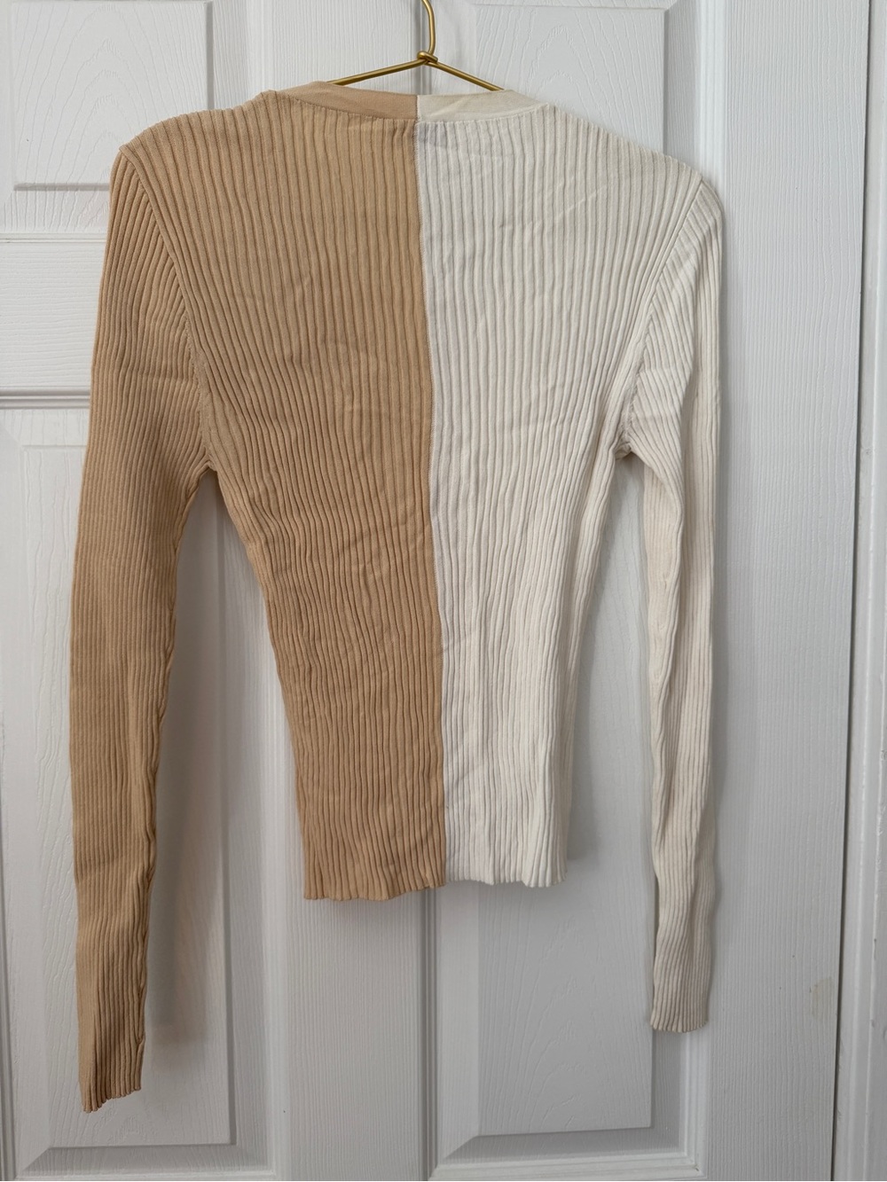 STAUD Two-Tone Ribbed V-Neck Cardigan - Cream & Tan - Picture 5 of 6